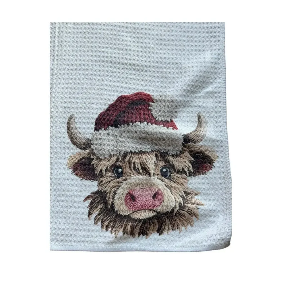 Vintage Christmas Highland Cow Kitchen Towel Waffle Weave Holiday Hostess Gift